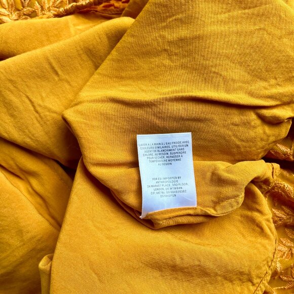 Anthropologie Daniel Rainn Mustard Yellow Embroidered Belted 3/4 Sleeve Dress - Picture 16 of 16
